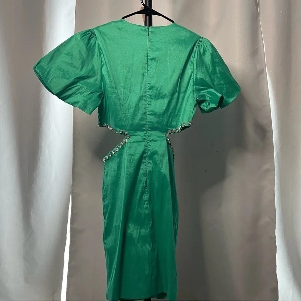 Band of Stars Green Puff Sleeve Rhinestone Cutout Dress Size 8 - Picture 6 of 13